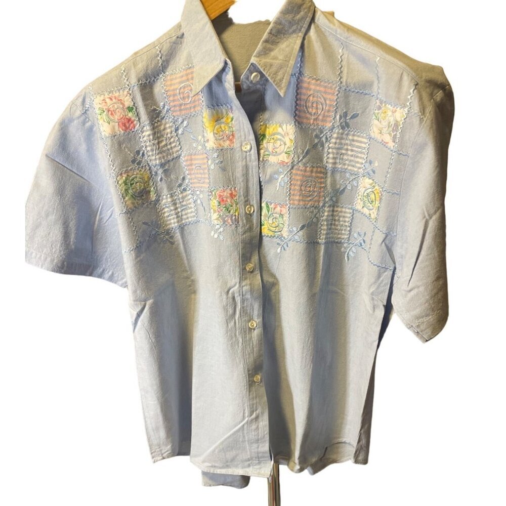 Aster Faded Blue Short Sleeve Collared Button Up Embroidered Top
